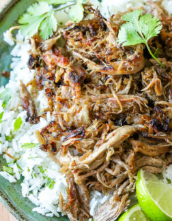 green plate of pulled pork with rice and lime slices