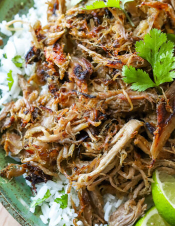 green plate of pulled pork with rice and lime slices