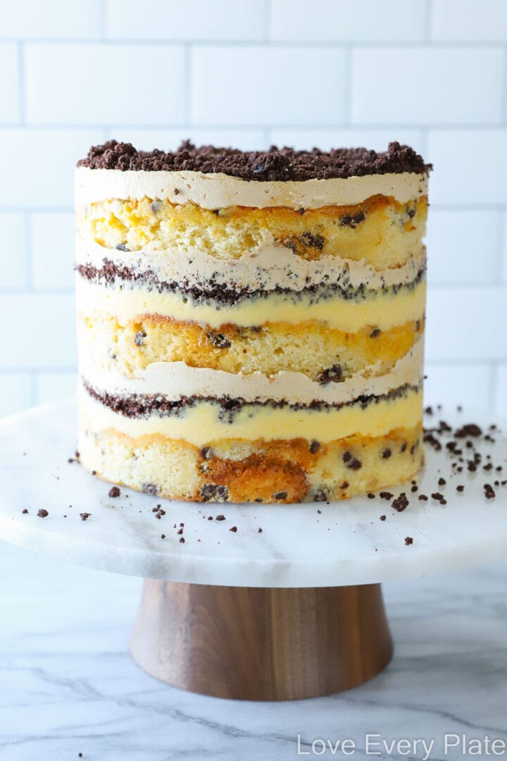 passionfruit layer cake with chocolate crumbles