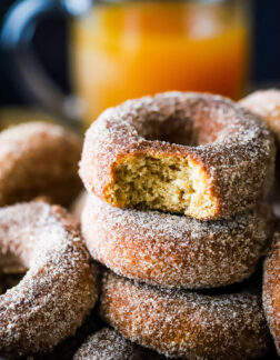 stack of cinnamon sugar dusted donuts with a bite taken out