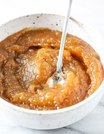 white bowl of apple butter with a silver spoon, side view