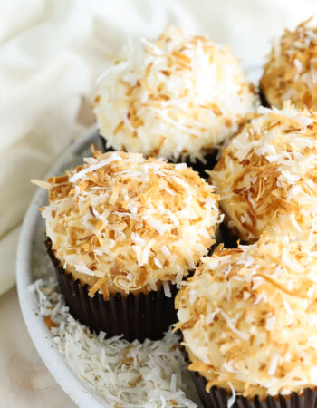 white plate of coconut cupcakes