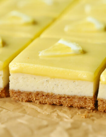 side view of a sliced lemon cheesecake bar