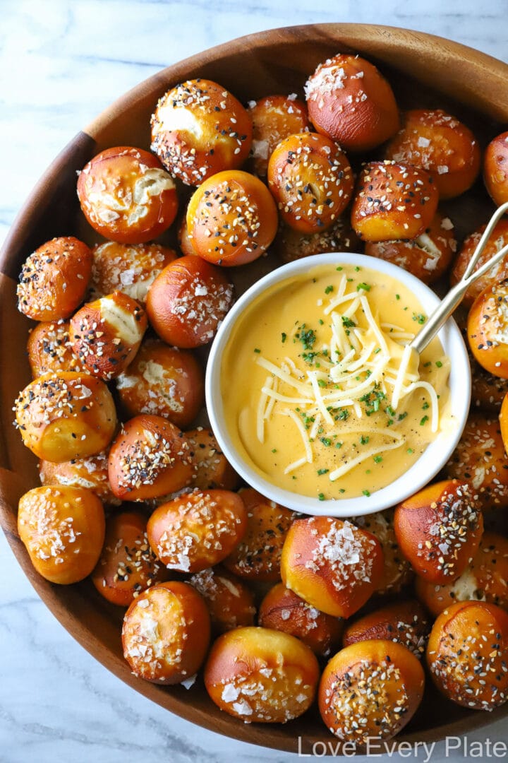 tray of pretzel bites and bowl of cheese sauce