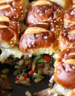 close up of beef and pepper slider sandwiches