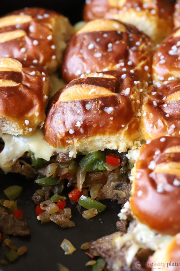 close up of beef and pepper slider sandwiches