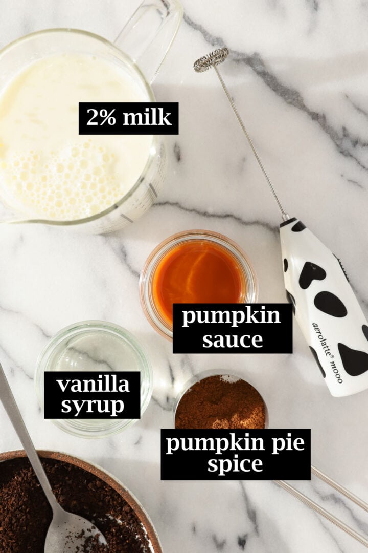 top shot of the ingredients needed to make pumpkin cream cold brew