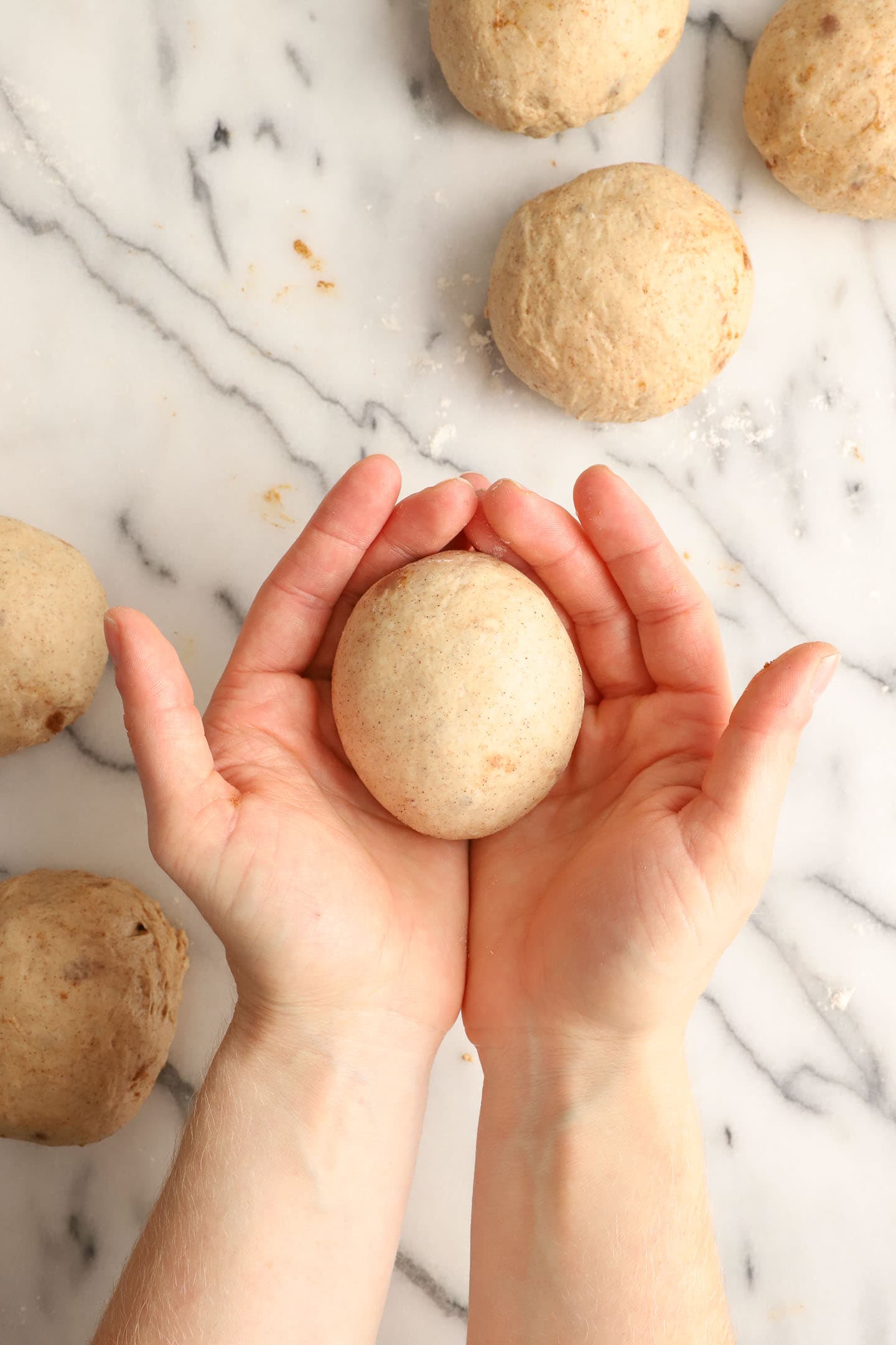 two hands holding a shaped ball of cinnamon bagel dough