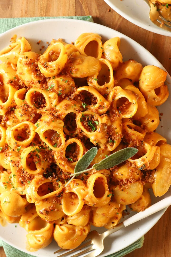 top view of a plate of pumpkin macaroni and cheese with toasted breadcrumbs