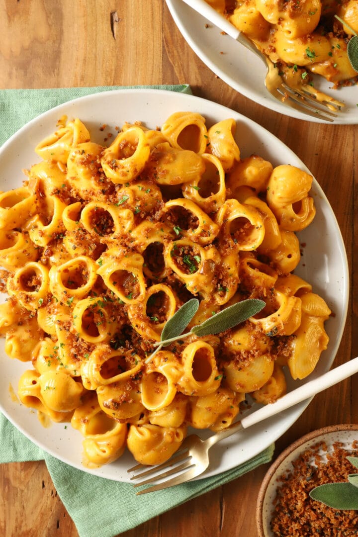 top view of a plate of pumpkin macaroni and cheese with toasted breadcrumbs