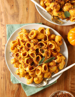 top view of a plate of pumpkin macaroni and cheese with toasted breadcrumbs