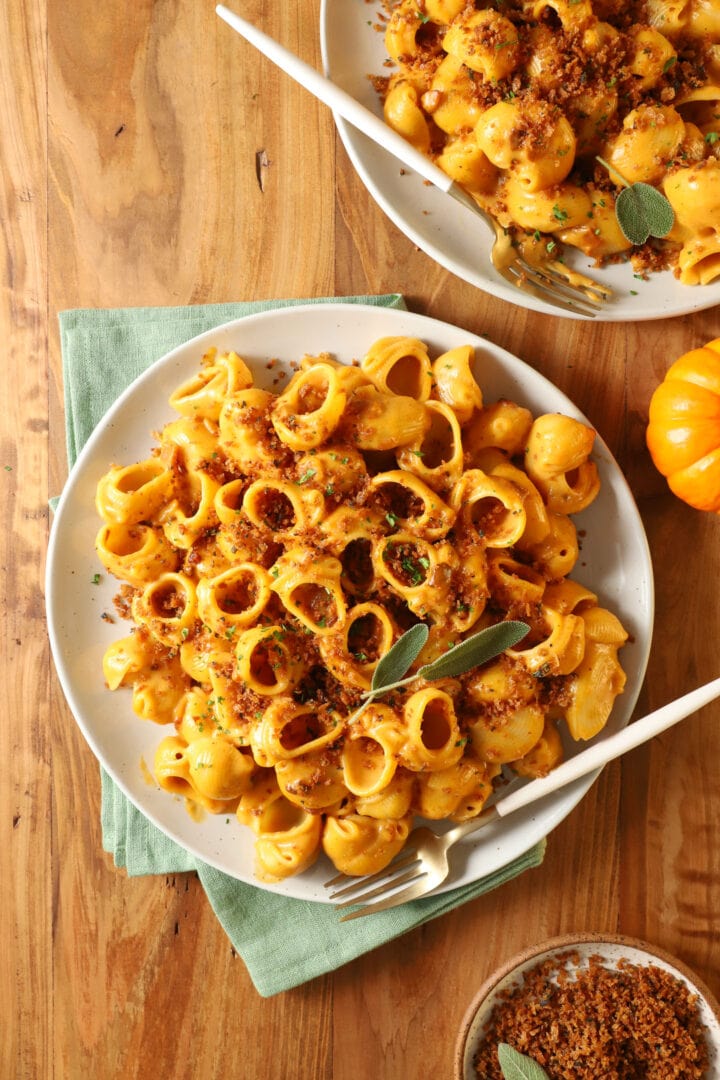 top view of a plate of pumpkin macaroni and cheese with toasted breadcrumbs