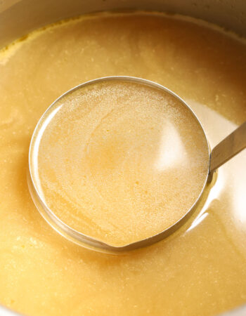 ladle of turkey stock in a pot