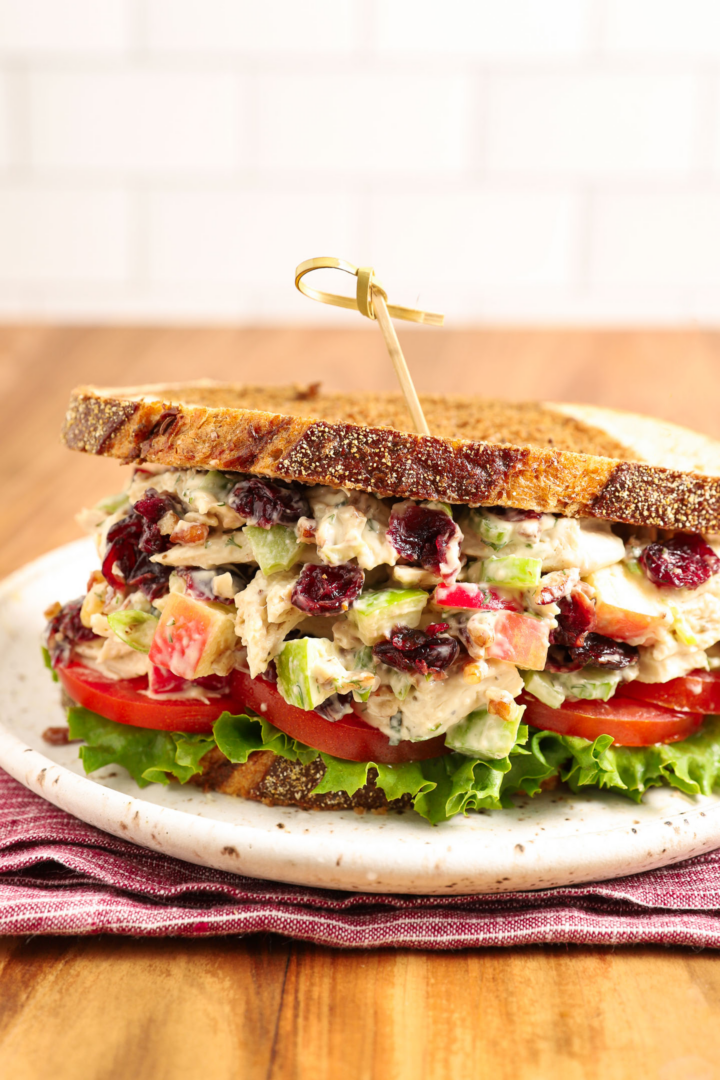 a turkey sandwich on a white plate, with cranberries, apple and celery