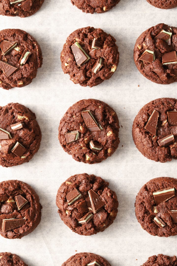 parchment lined baking sheet with chocolate cookies