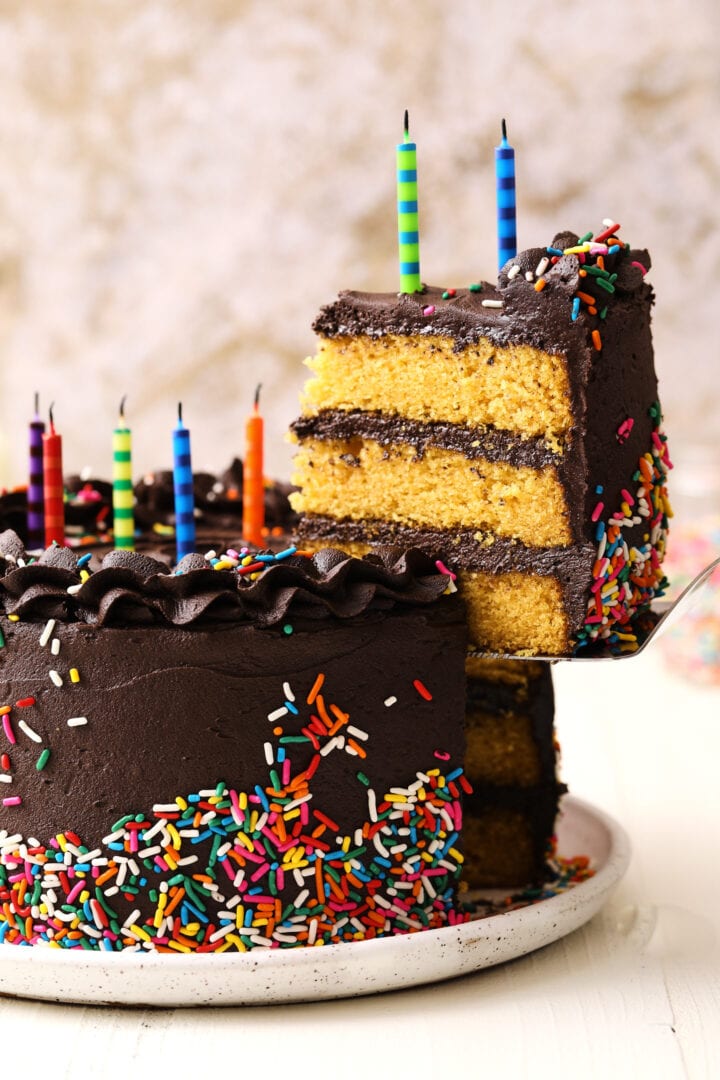 a whole yellow cake with chocolate frosting, with striped rainbow candles on top and sprinkles on the sides of the cake.