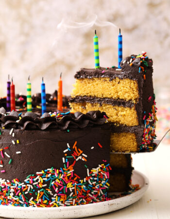 a whole yellow cake with chocolate frosting, with striped rainbow candles on top and sprinkles on the sides of the cake.