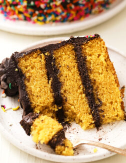 slice of yellow cake with chocolate frosting, there is a larger cake in the background with chocolate frosting and sprinkles.