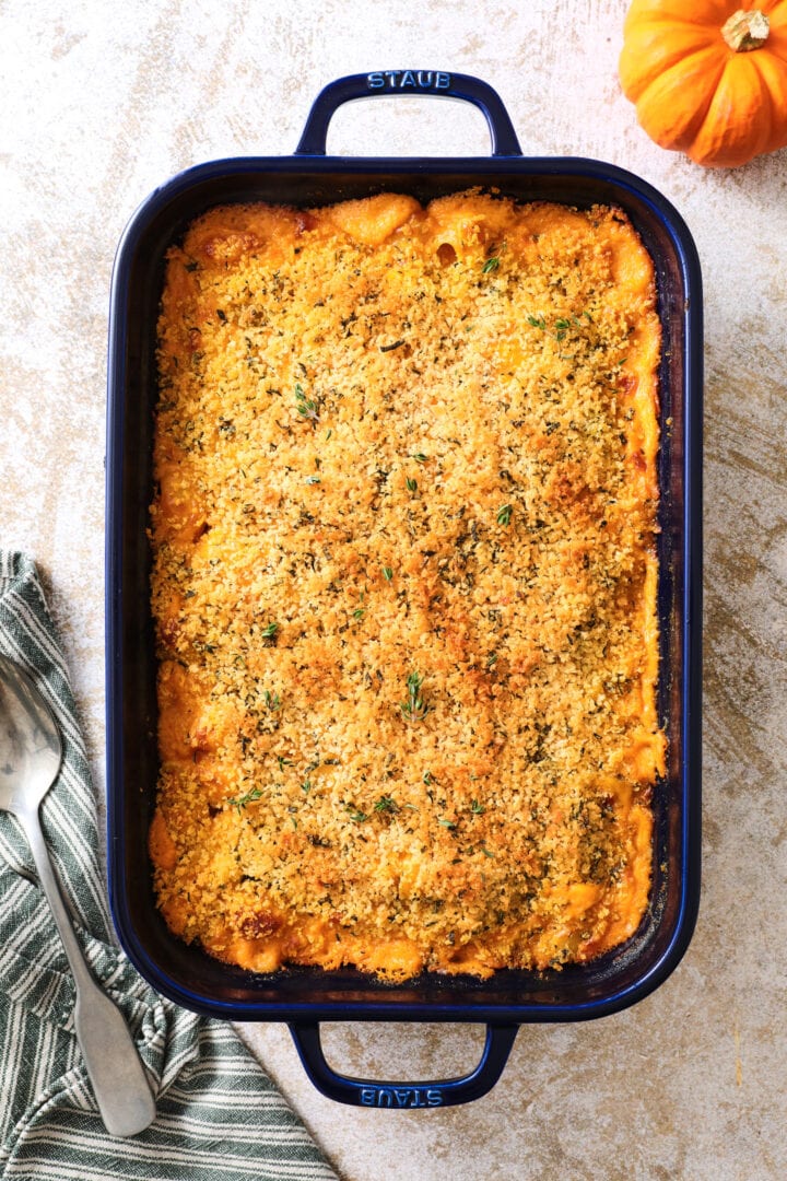 blue pan of pumpkin macaroni and cheese, with a green towel and small pumpkin off to the left hand side of the photo.