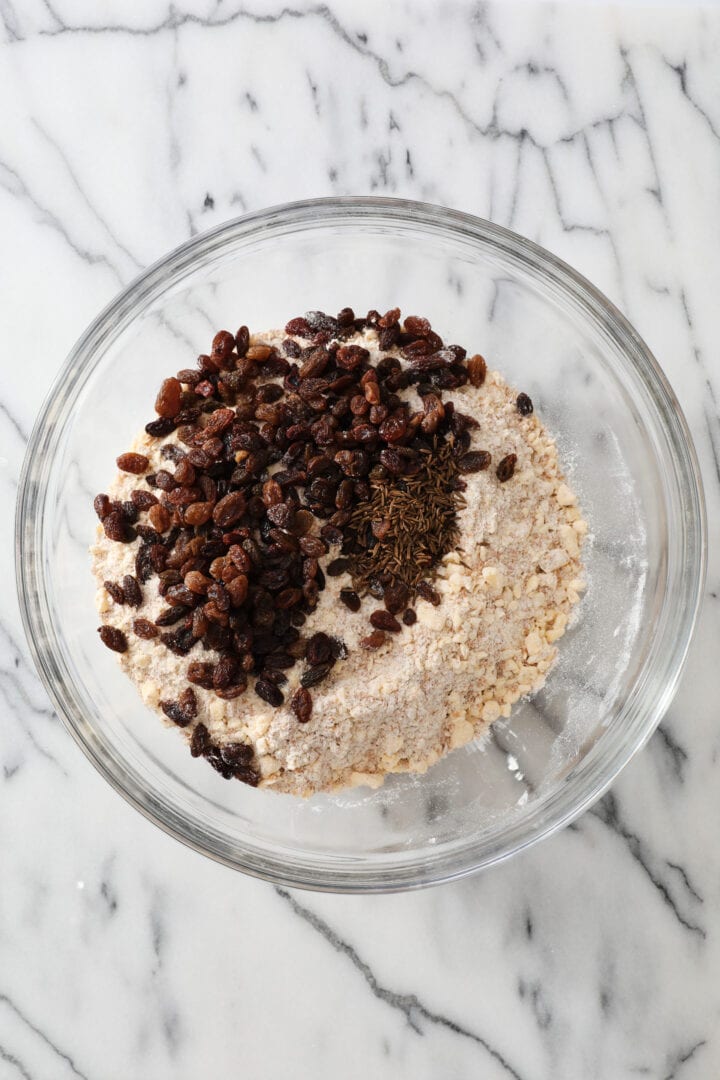 all the dry ingredients needed for brown bread biscuits before being mixed together.